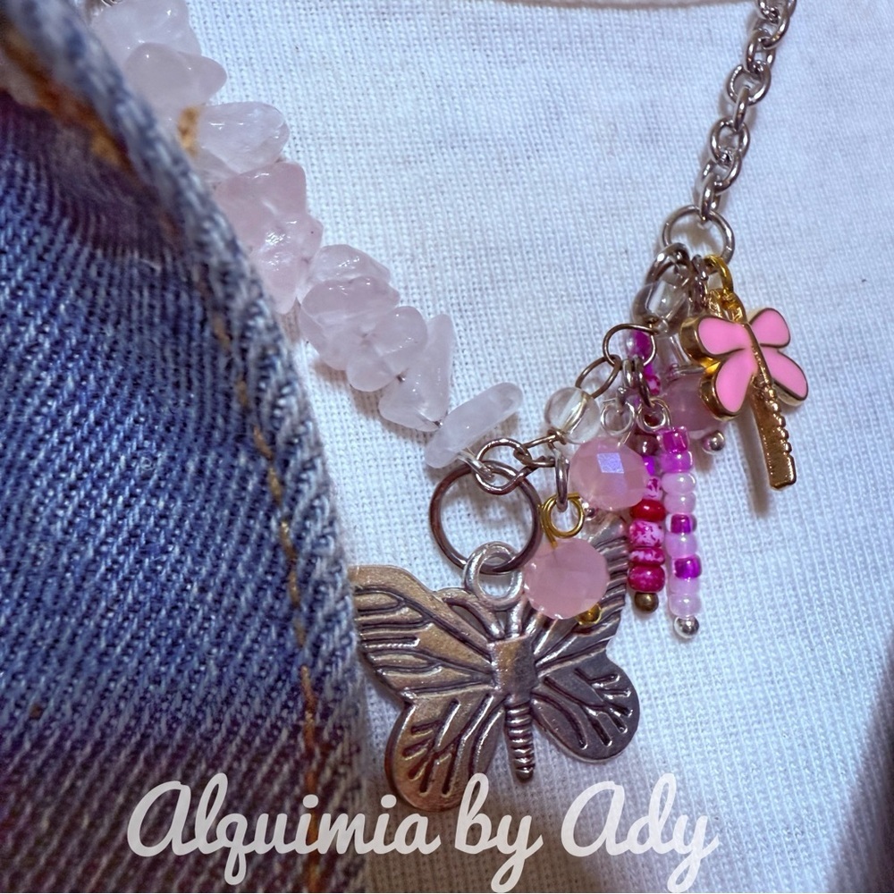 SILVER PINK QUARTZ CHARMS NECKLACE - Picture 3 of 3